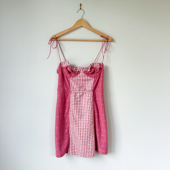 Urban Outfitters Dresses & Skirts - Urban Outfitters Felicity Eyelet Bustier Gingham Print Mini Dress Pink L NWT